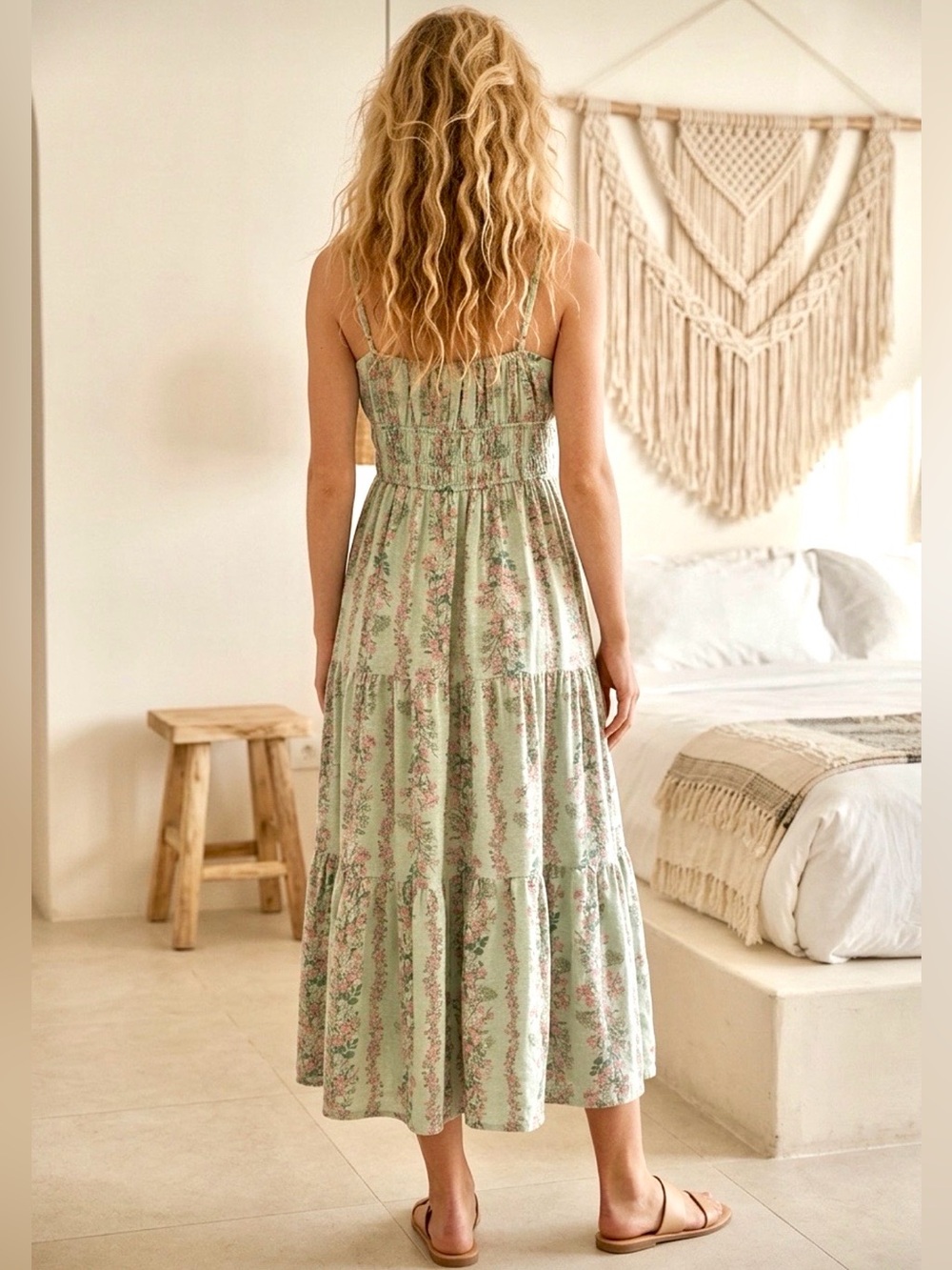 Floral Tiered Maxi Sundress Light Green w/Smocked Bodice & Adjustable straps M&L - Picture 2 of 12